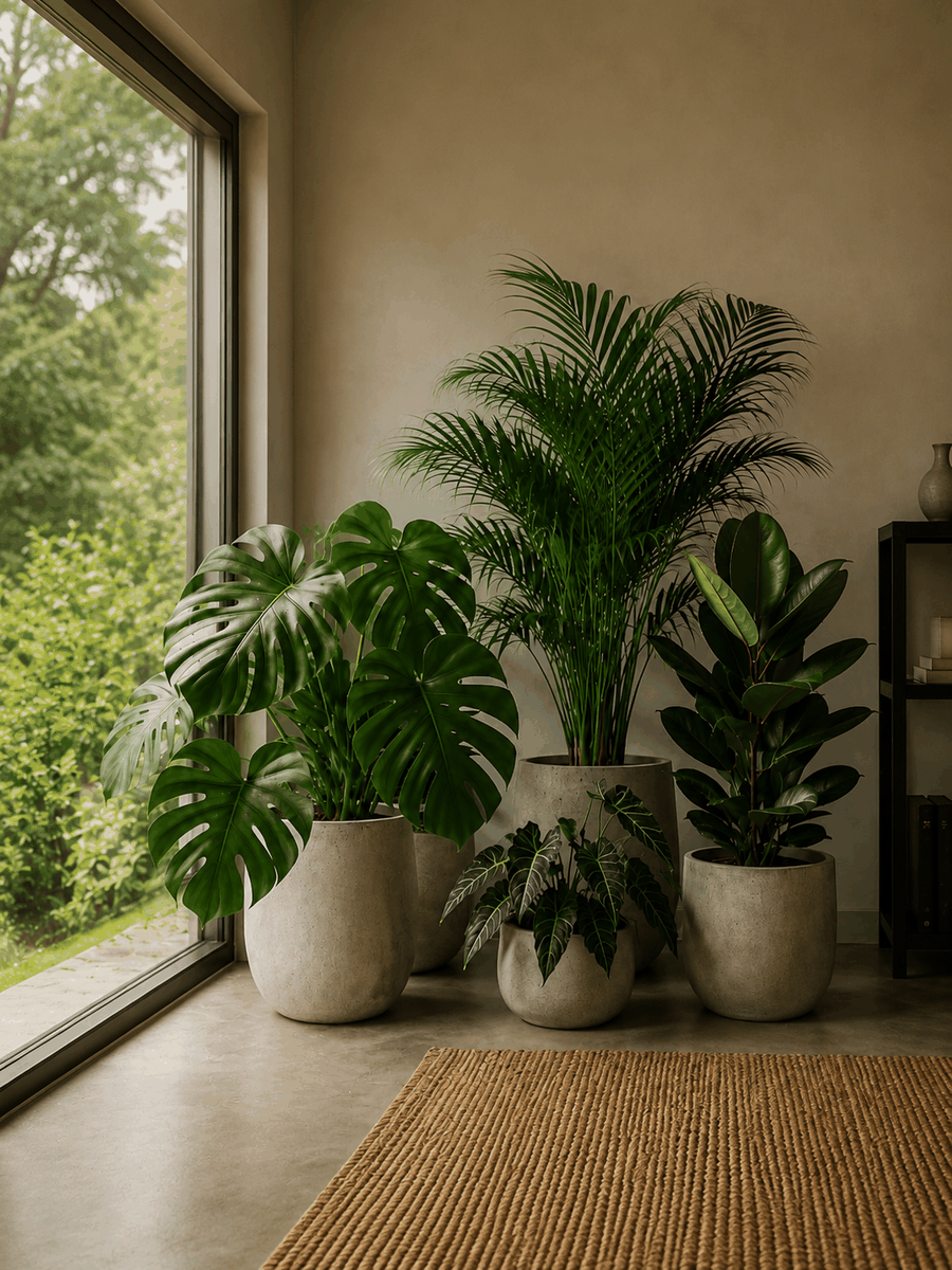Large indoor statement plants in warm window light