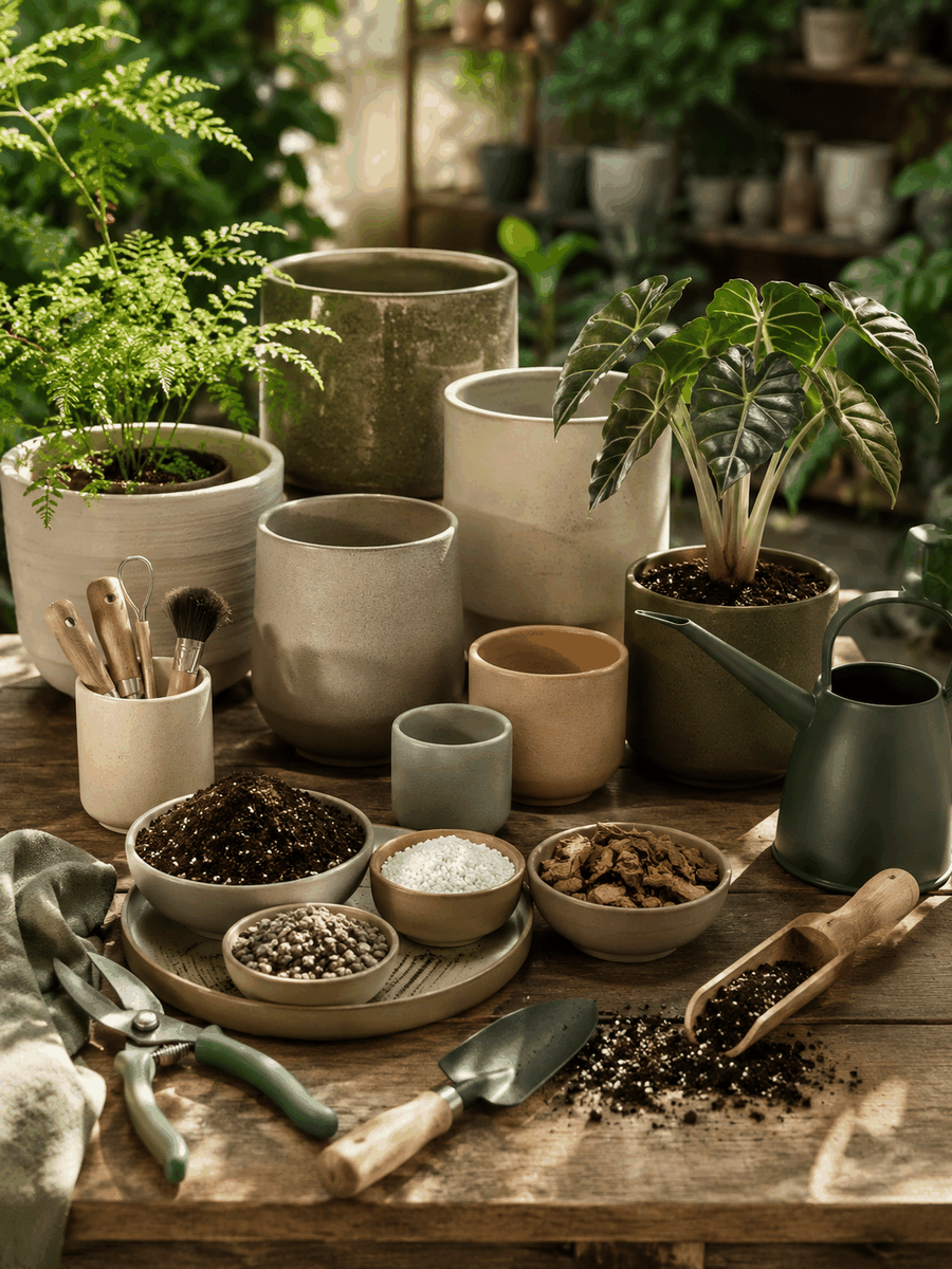 Ceramic planter, soil blend, and care tools