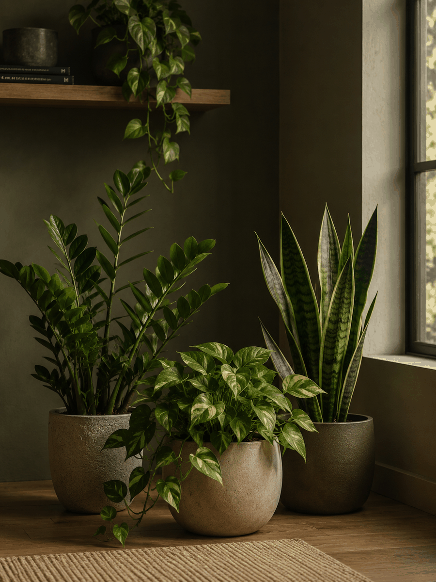 Low-light apartment plants styled on a shelf