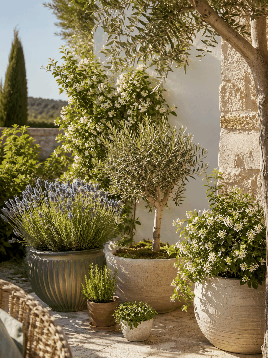 Patio plants arranged in sun-ready containers