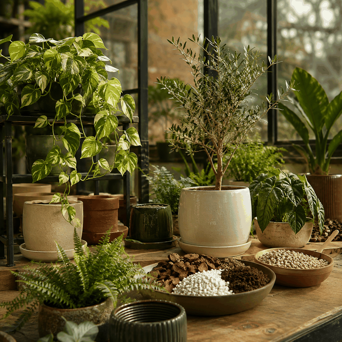 Seasonal greenhouse display with sculptural leaves and warm amber light